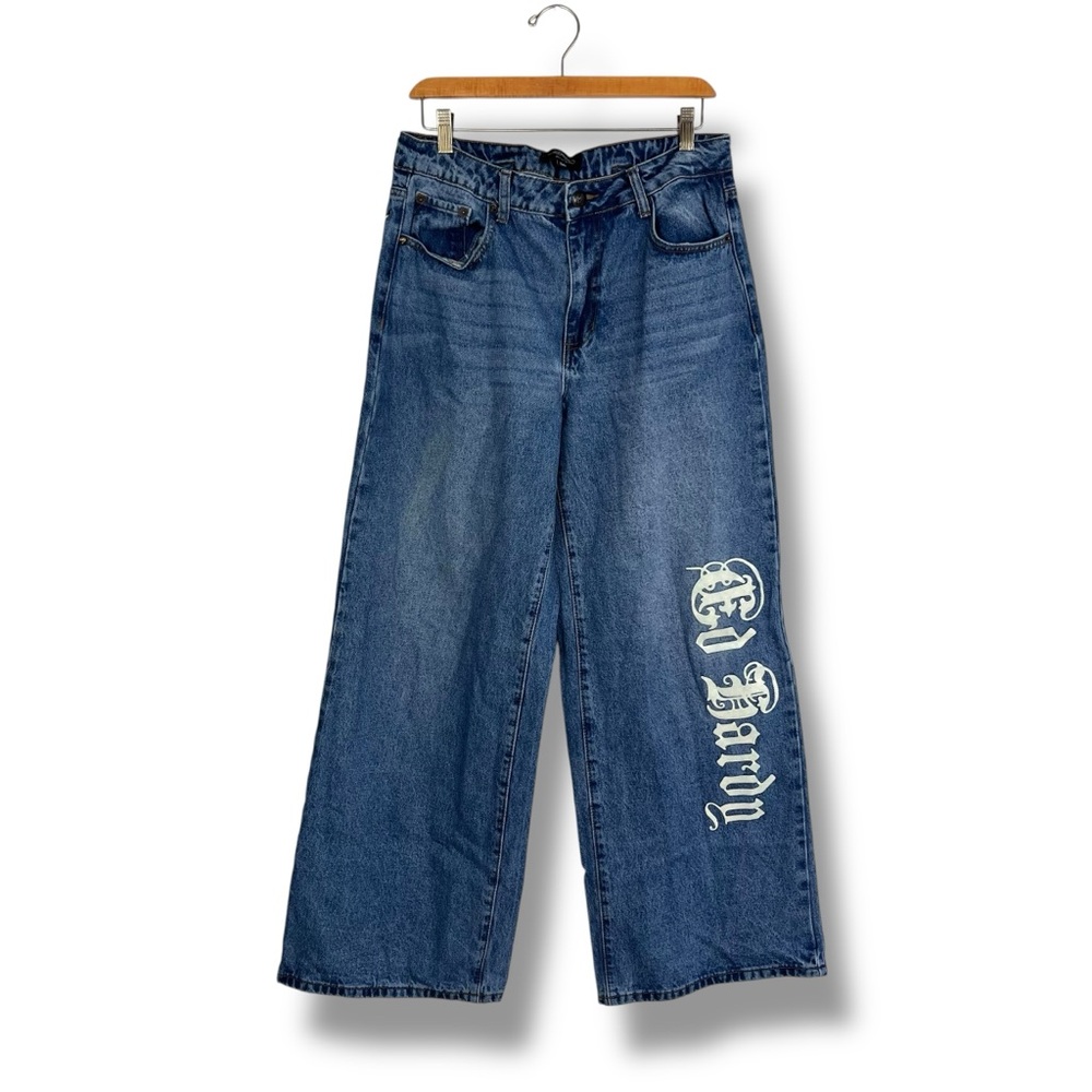 Ed Hardy Jeans Y2K Loose Baggy Wide Leg Born Free Painted Buckle Back 30 Heart